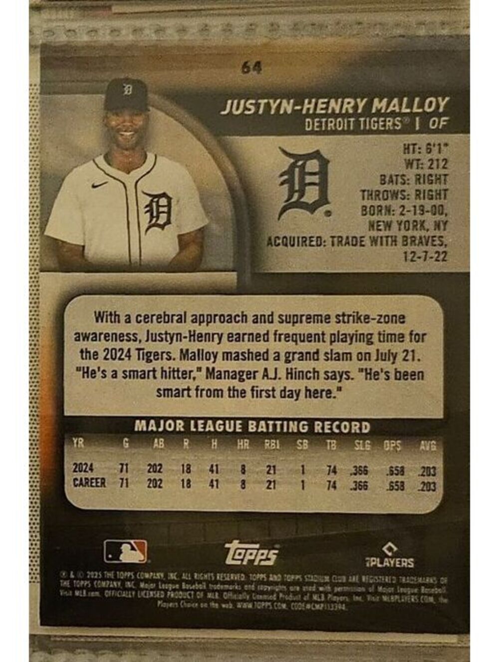 Justyn-Henry Malloy #64 [Rookie] 2025 Topps Stadium Club - Detroit Tigers - Picture 2 of 2
